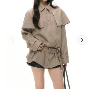 Nightcity Belted Houndstooth Pattern Shoulder Cape jacket